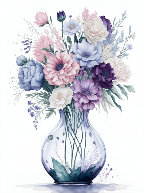 A bouquet of flowers in a glass vase on a white background