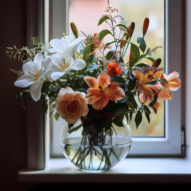 bouquet of flowers in a glass vase on the windowsill