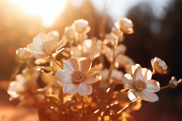 太陽が輝いているグラスの中の花の花束