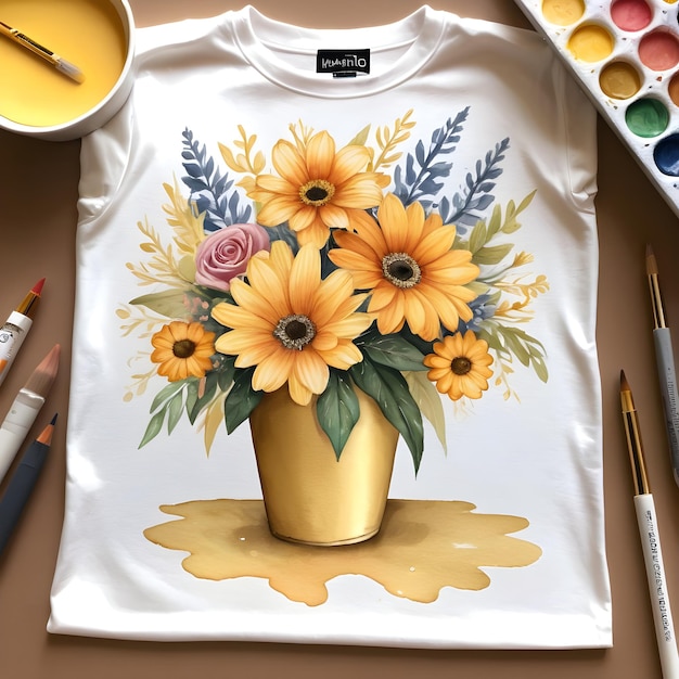 Букет цветов в золотой вазе, нарисованный на белой футболке, на столе.