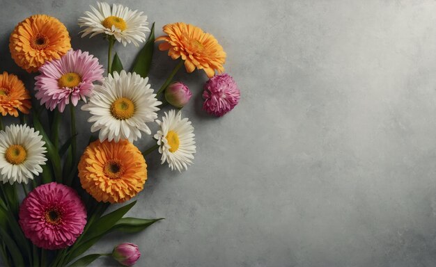 a bouquet of flowers on a gray background with a pink one With space for text