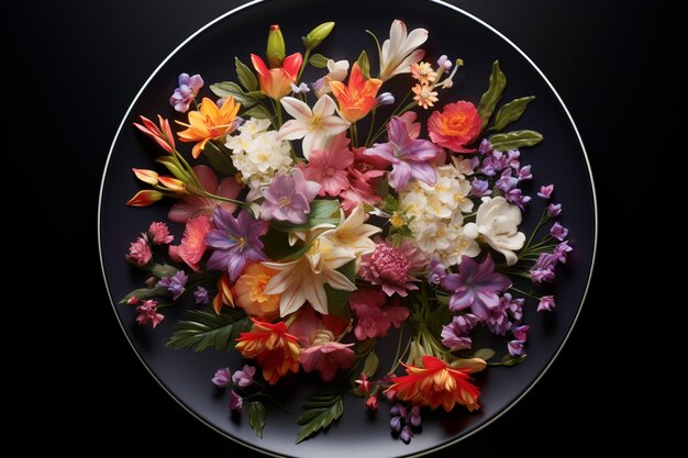 the bouquet of flowers has been arranged on the plate with beauty