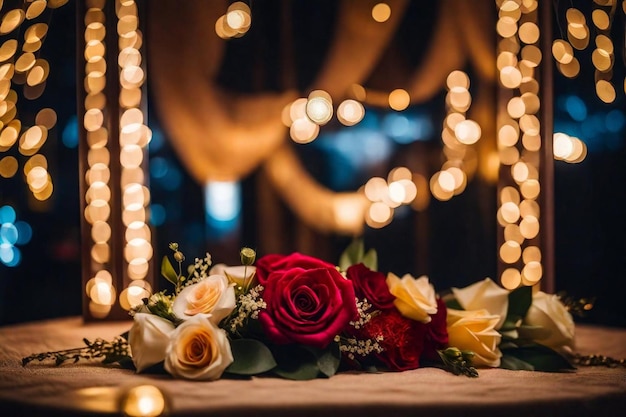 a bouquet of flowers and a heart with the words  valentine  on the table