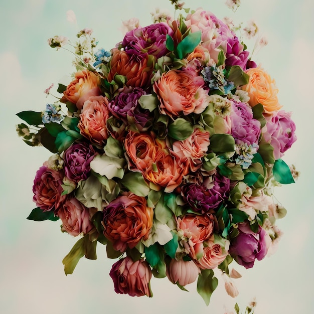 A bouquet of flowers is in a ball with a green background.