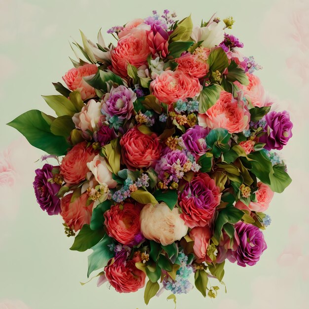 A bouquet of flowers is in a ball with a green background.