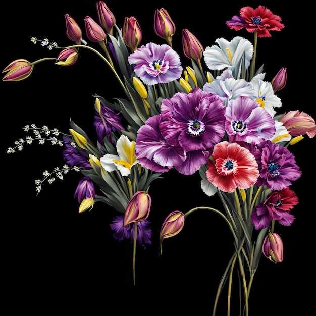 A bouquet of flowers is on a black background.