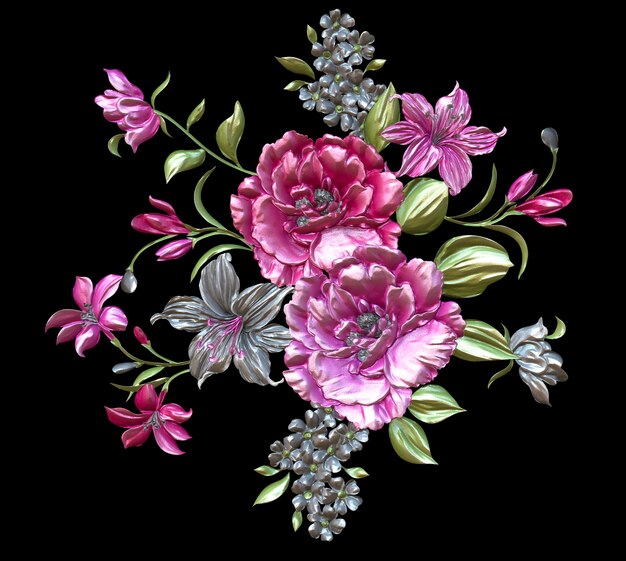 A bouquet of flowers is on a black background.