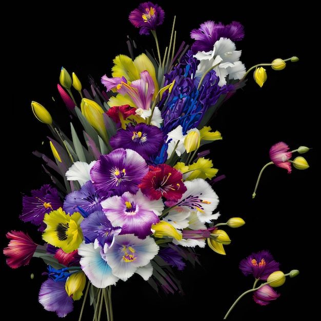 A bouquet of flowers is in a black background.
