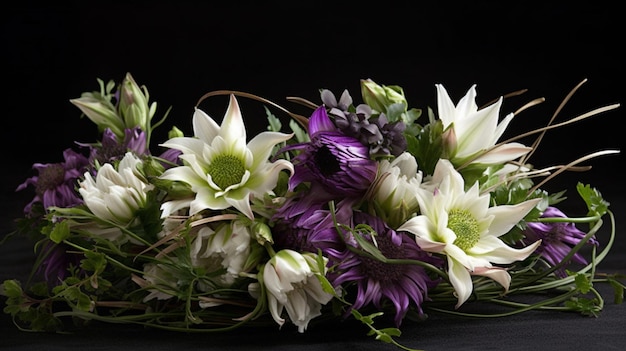 A bouquet of flowers is on a black background