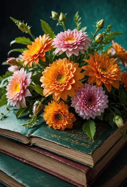 a bouquet of flowers is on a book with a green cover