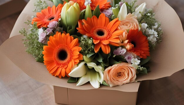 Photo a bouquet of flowers is in a box on a table