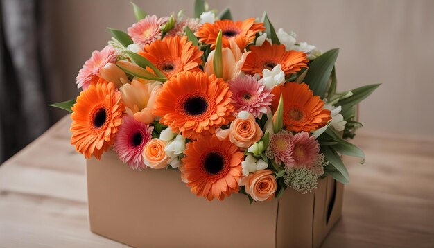 Photo a bouquet of flowers is in a brown paper bag