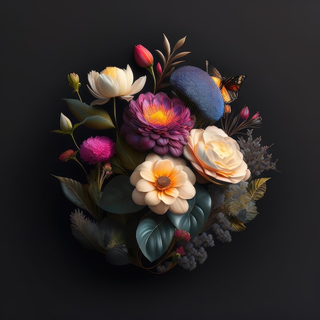 A bouquet of flowers is in a dark background