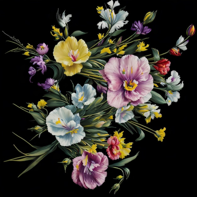 A bouquet of flowers is displayed on a black background.