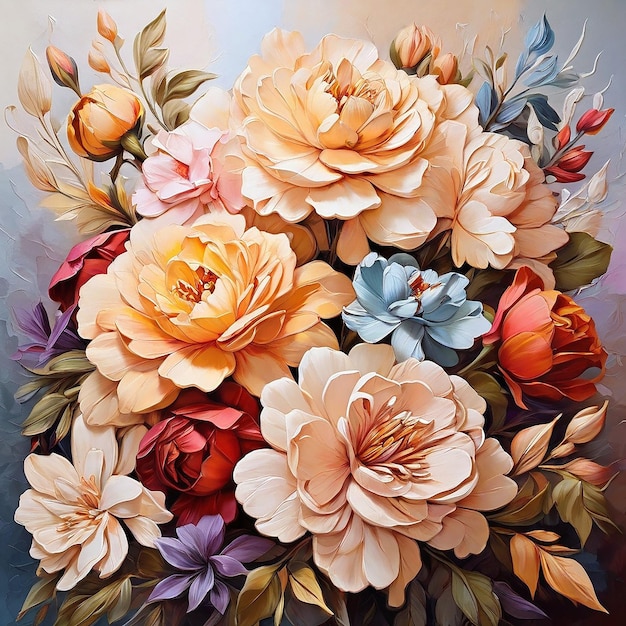 a bouquet of flowers is displayed in a painting