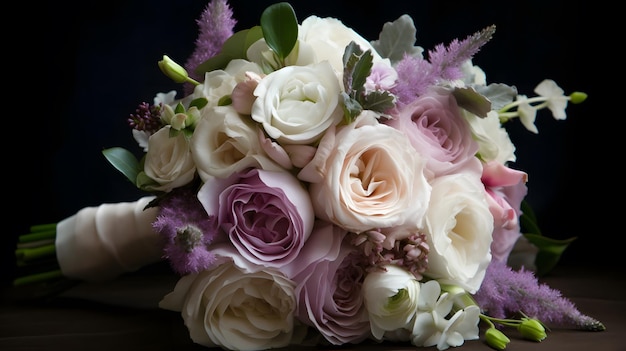 A bouquet of flowers is displayed on a table.