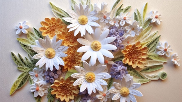 A bouquet of flowers is displayed on a wall.