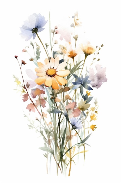 A bouquet of flowers is displayed in a watercolor style.