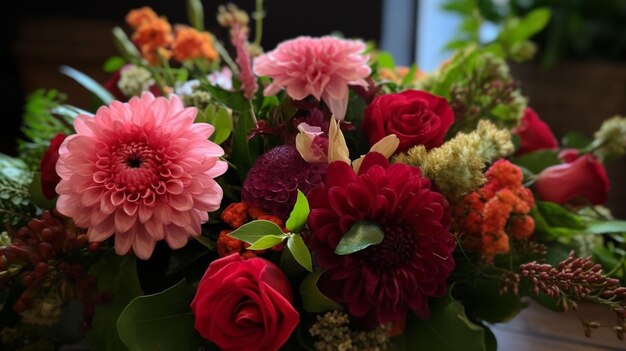 A bouquet of flowers is displayed in a window.