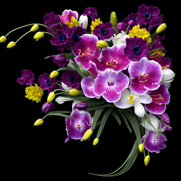 A bouquet of flowers is displayed with a black background.