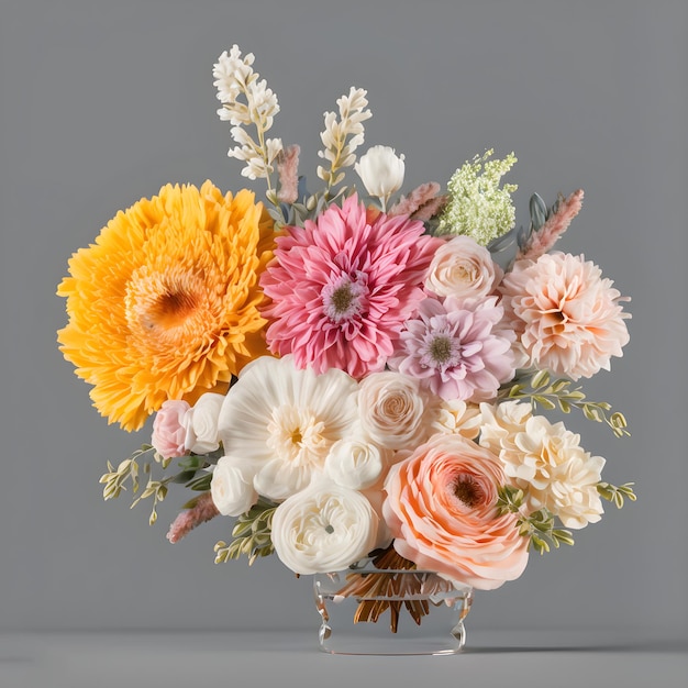 A bouquet of flowers is in a glass vase.