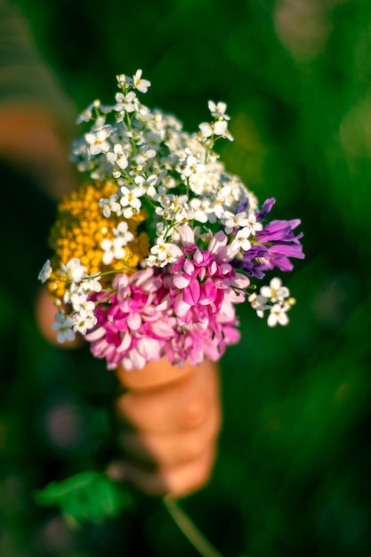 Photo a bouquet of flowers is in a hand