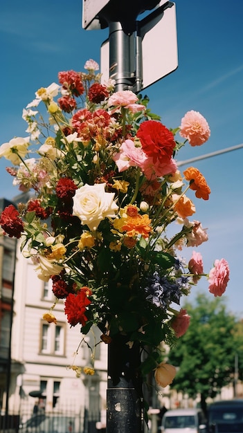 a bouquet of flowers is hanging from a pole