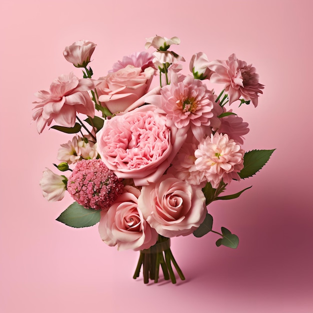 A bouquet of flowers is on a pink background