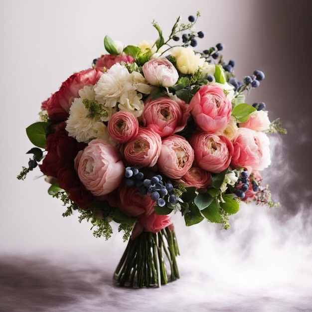 a bouquet of flowers is shown with a smoke behind it