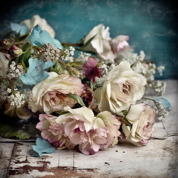 A bouquet of flowers is on a table with a blue background.