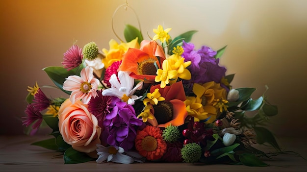 A bouquet of flowers is on a table