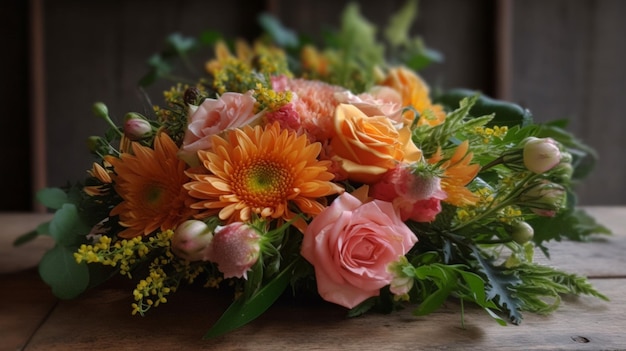 A bouquet of flowers is on a table.