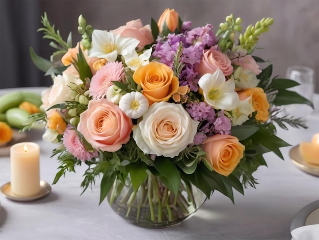 a bouquet of flowers is in a vase on a table