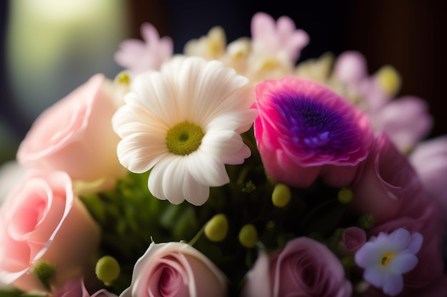 A bouquet of flowers is in a vase with a pink center.