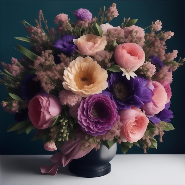 a bouquet of flowers is in a vase with a ribbon tied around the bottom.