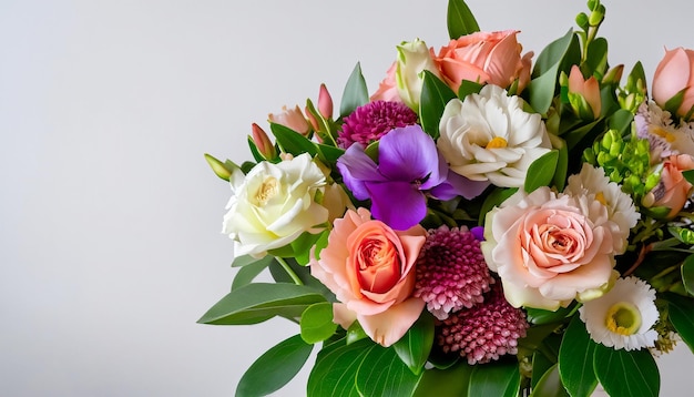 A bouquet of flowers is in a vase with a white background.