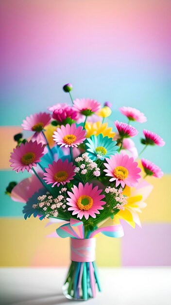 A bouquet of flowers is in a vase with a yellow background