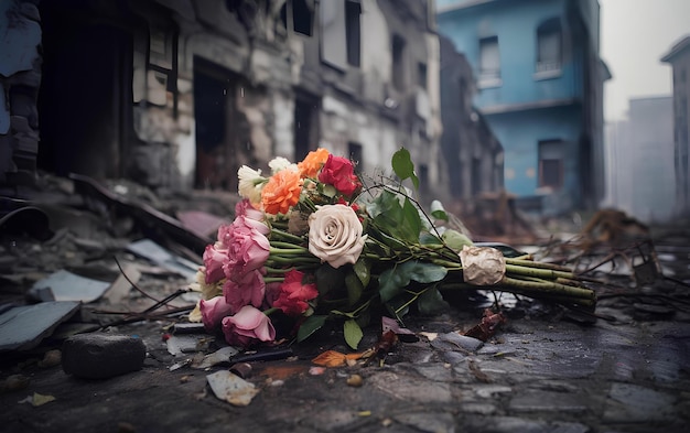 Букет цветов лежит на руинах здания Военный конфликт