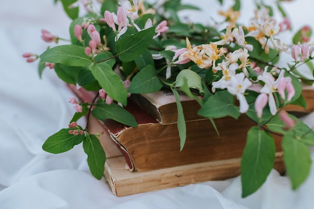 bouquet of flowers on old books