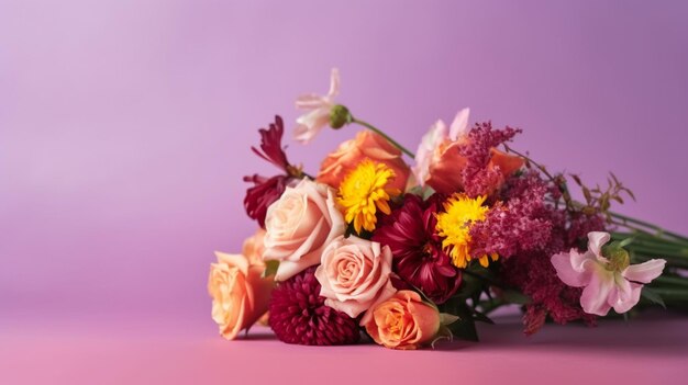 A bouquet of flowers on a pink background