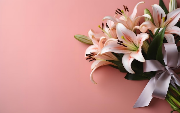 A bouquet of flowers on a pink background