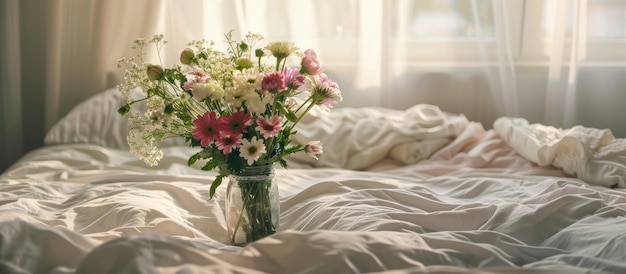 Bouquet of flowers placed in a vase on a bed