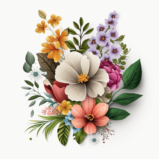 Bouquet of flowers and plants on white background watercolor Generative AI