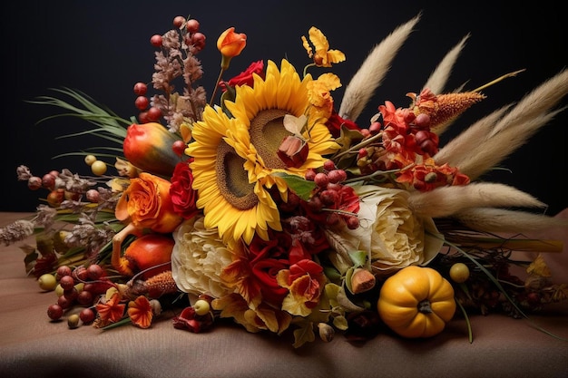 a bouquet of flowers and pumpkins with a pumpkin and pumpkins.