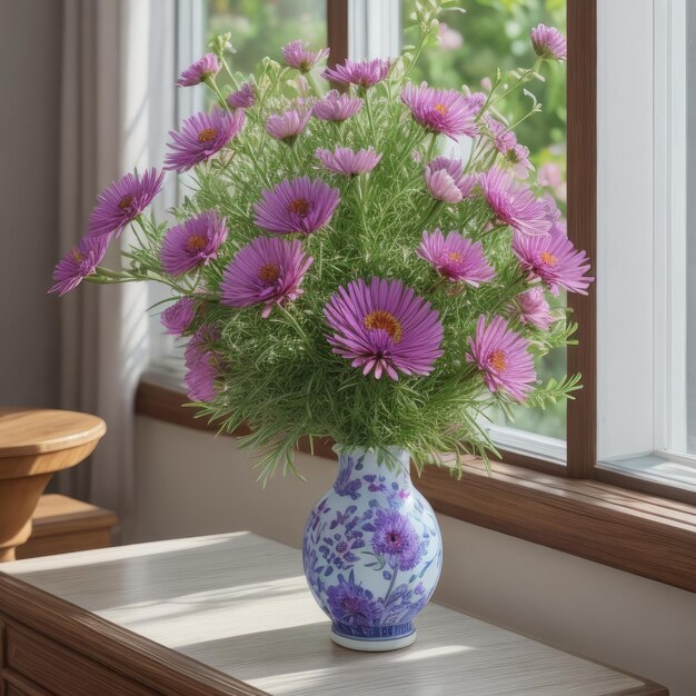 Bouquet of flowers purple asters in jar