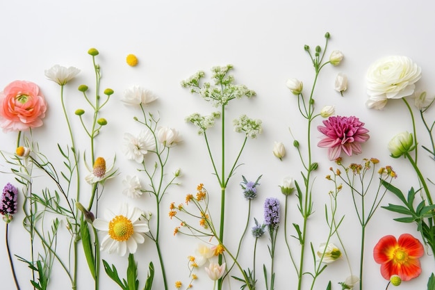 a bouquet of flowers scattered on white paper with leaves