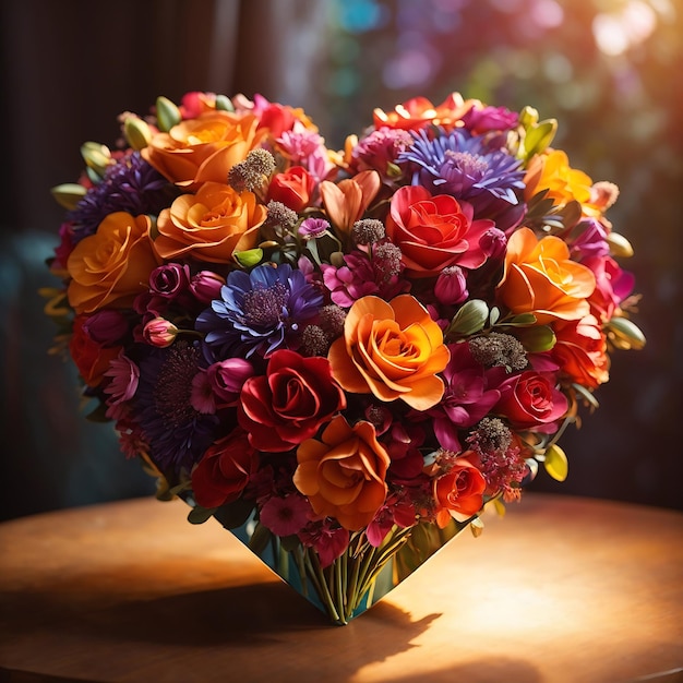 A bouquet of flowers in the shape of a heart illuminated by a soft warm light Ai Generated