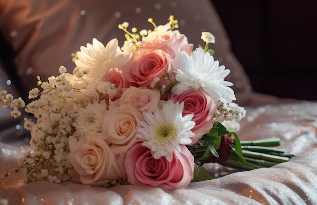 A bouquet of flowers sits on a bed with a silver pillow behind it.