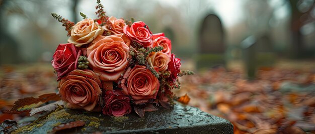 Foto un bouquet di fiori seduto su una pietra nel bosco