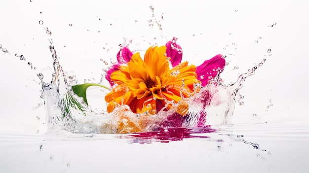 Foto bouquet di fiori in spruzzi di acqua di vernice su uno sfondo semplice colori colorati